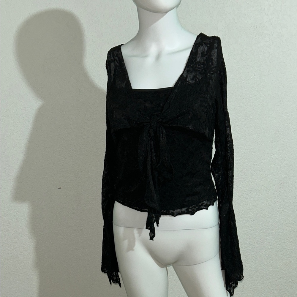 SHEIN Black Lace Tie-Front Long Sleeve Top
